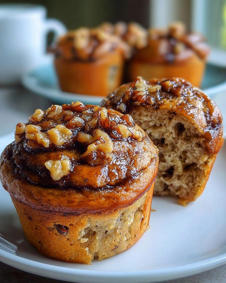 Close-up of a High Protein Banana Muffin topped with glossy walnuts and a bite taken out.