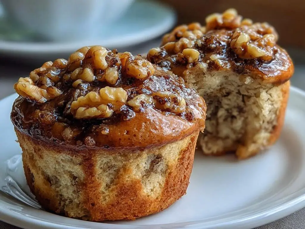 Two delicious High Protein Banana Muffins topped with glazed walnuts, one is broken in half.