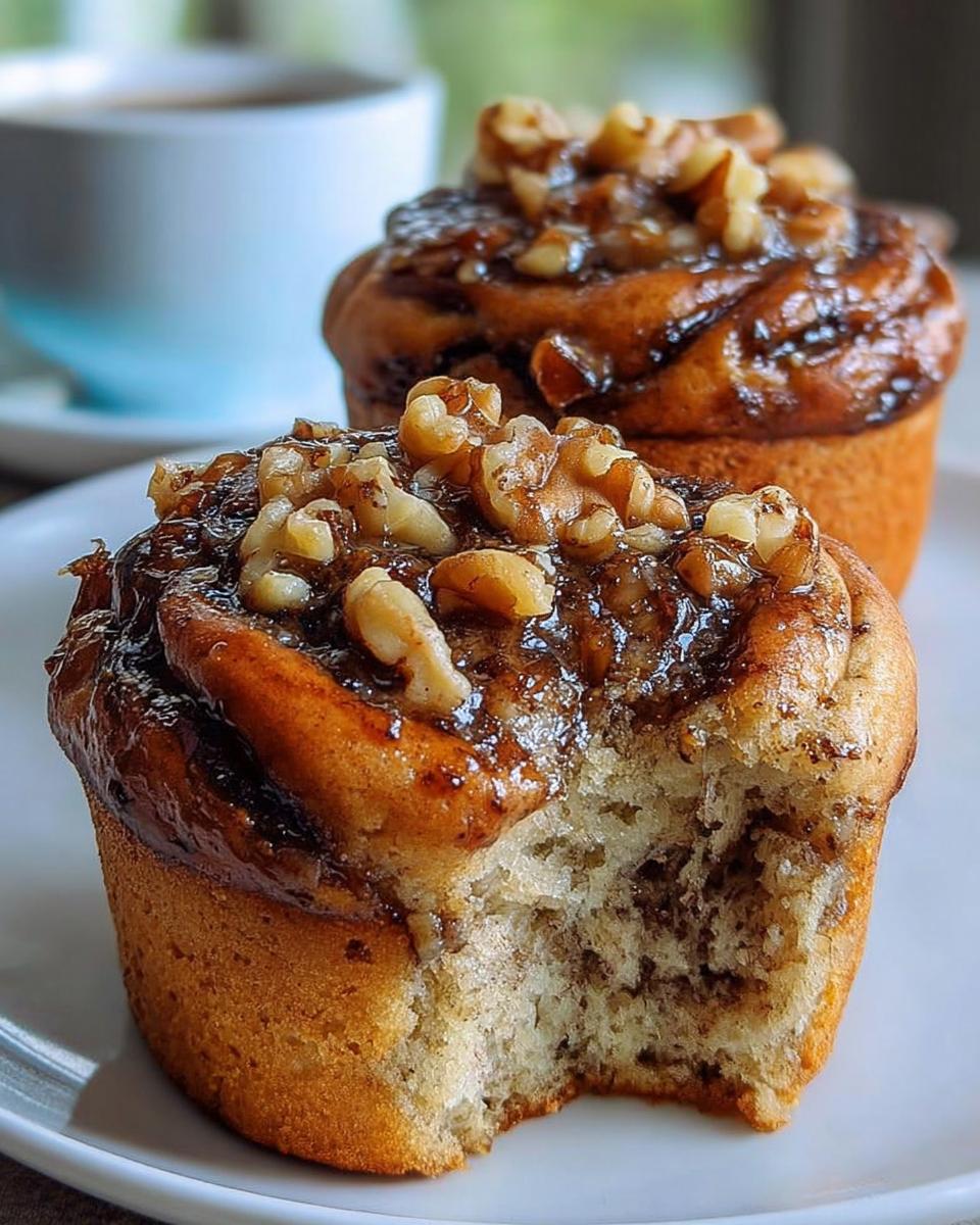 Close-up of a High Protein Banana Muffin topped with a glossy glaze and chopped walnuts. One muffin has a bite taken out.