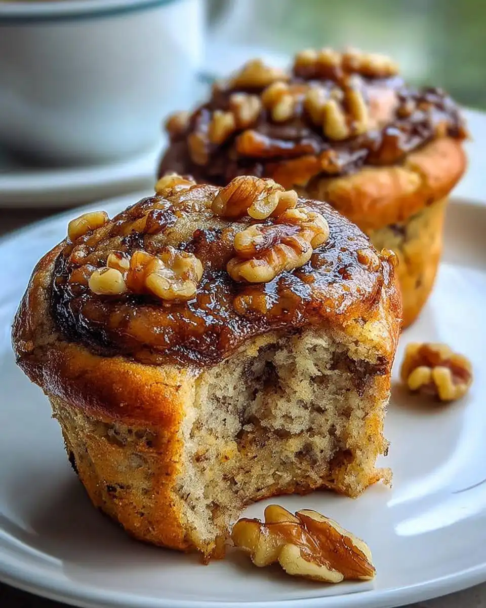 Close-up of a High Protein Banana Muffin with a bite taken out, topped with walnuts and glaze.