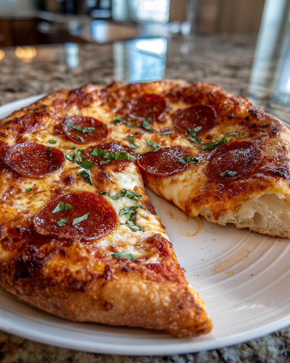 A slice of High Protein Cottage Cheese Pizza Crust with pepperoni and melted cheese, garnished with fresh basil.