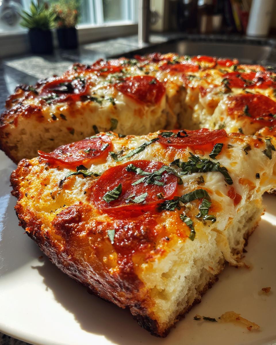Close-up of a slice of High Protein Cottage Cheese Pizza Crust, topped with pepperoni and melted cheese.