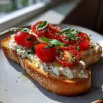 Close-up of High Protein Cottage Cheese Toast topped with cherry tomatoes, fresh basil, and cracked black pepper.
