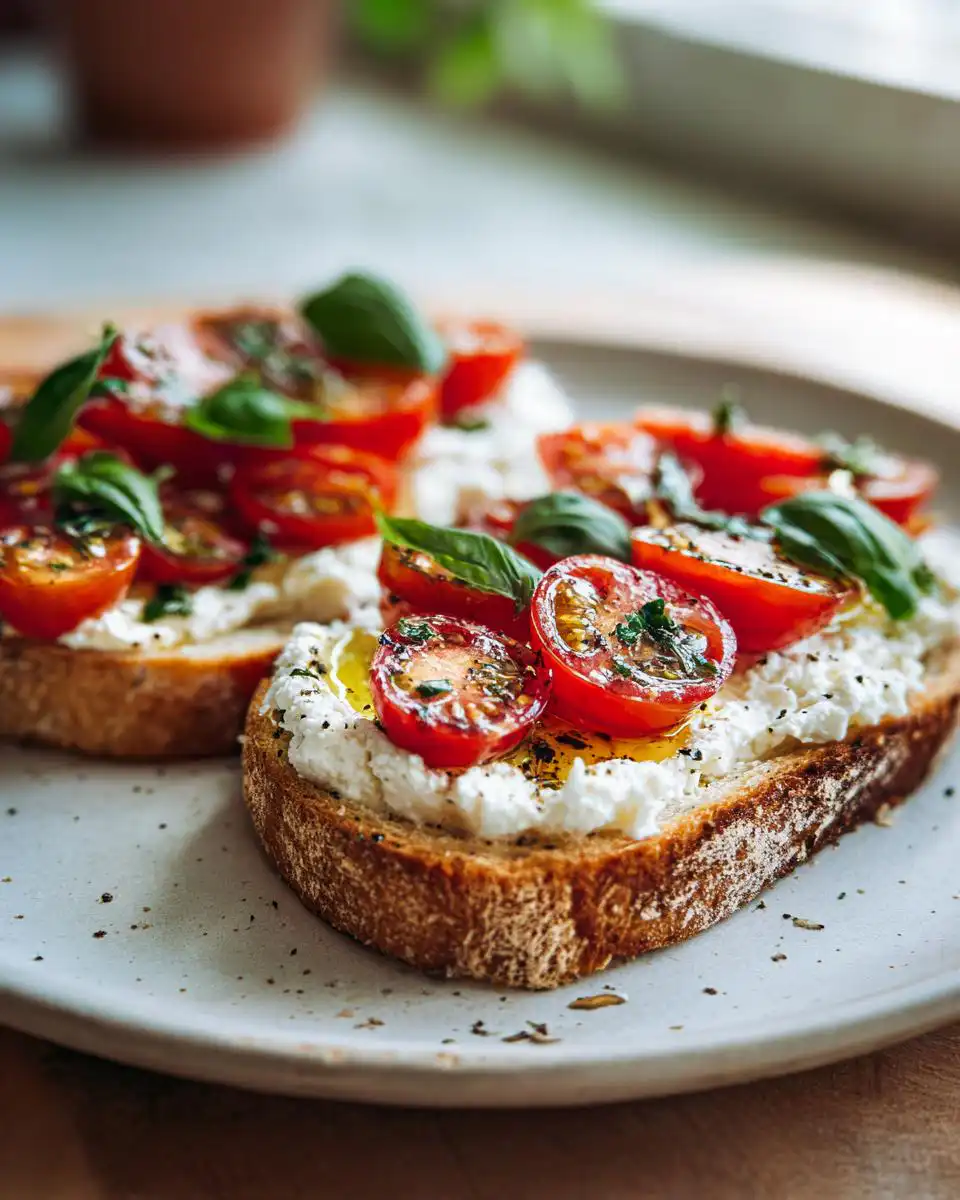 Close-up of High Protein Cottage Cheese Toast topped with cherry tomatoes, basil, and olive oil.