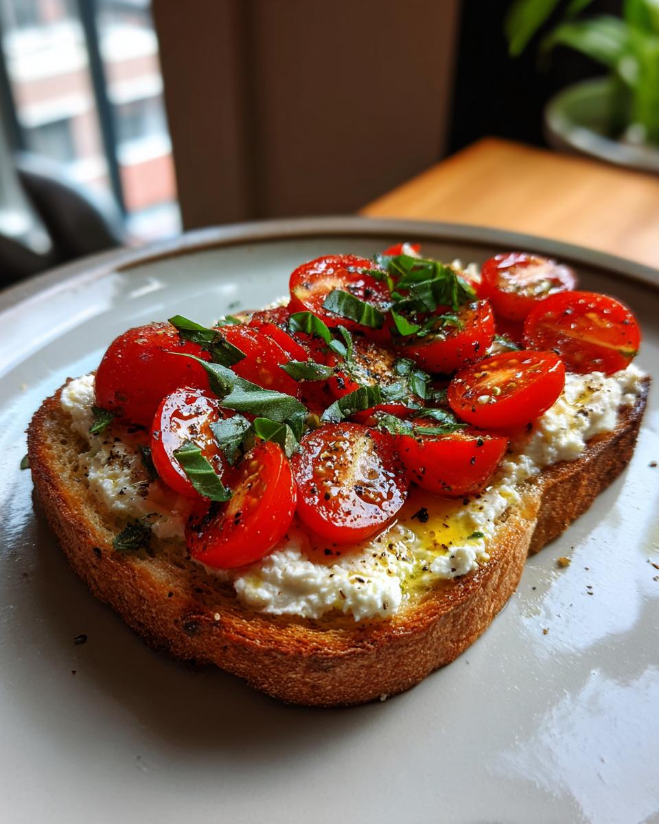 A slice of toasted bread topped with creamy cottage cheese, halved cherry tomatoes, fresh basil, and a drizzle of olive oil.
