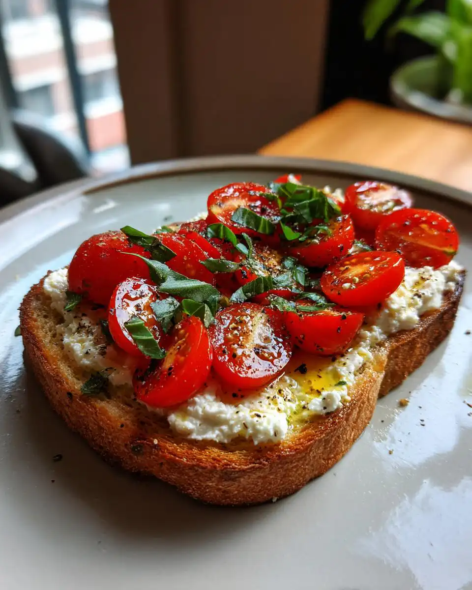 A slice of toasted bread topped with creamy cottage cheese, halved cherry tomatoes, fresh basil, and a drizzle of olive oil.