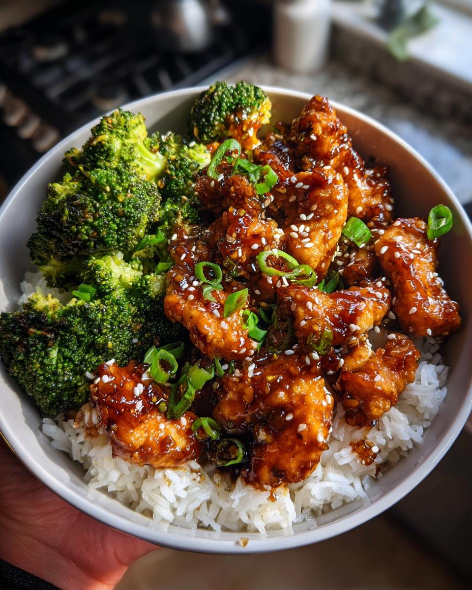 A bowl of white rice topped with glistening Honey Garlic Chicken and Broccoli, garnished with sesame seeds and green onions.