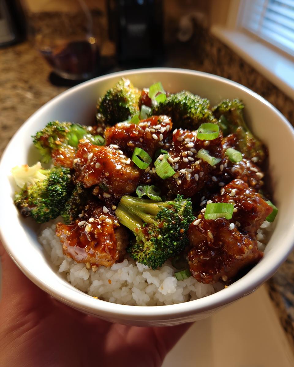 A bowl of Honey Garlic Chicken and Broccoli served over white rice, garnished with sesame seeds and green onions.