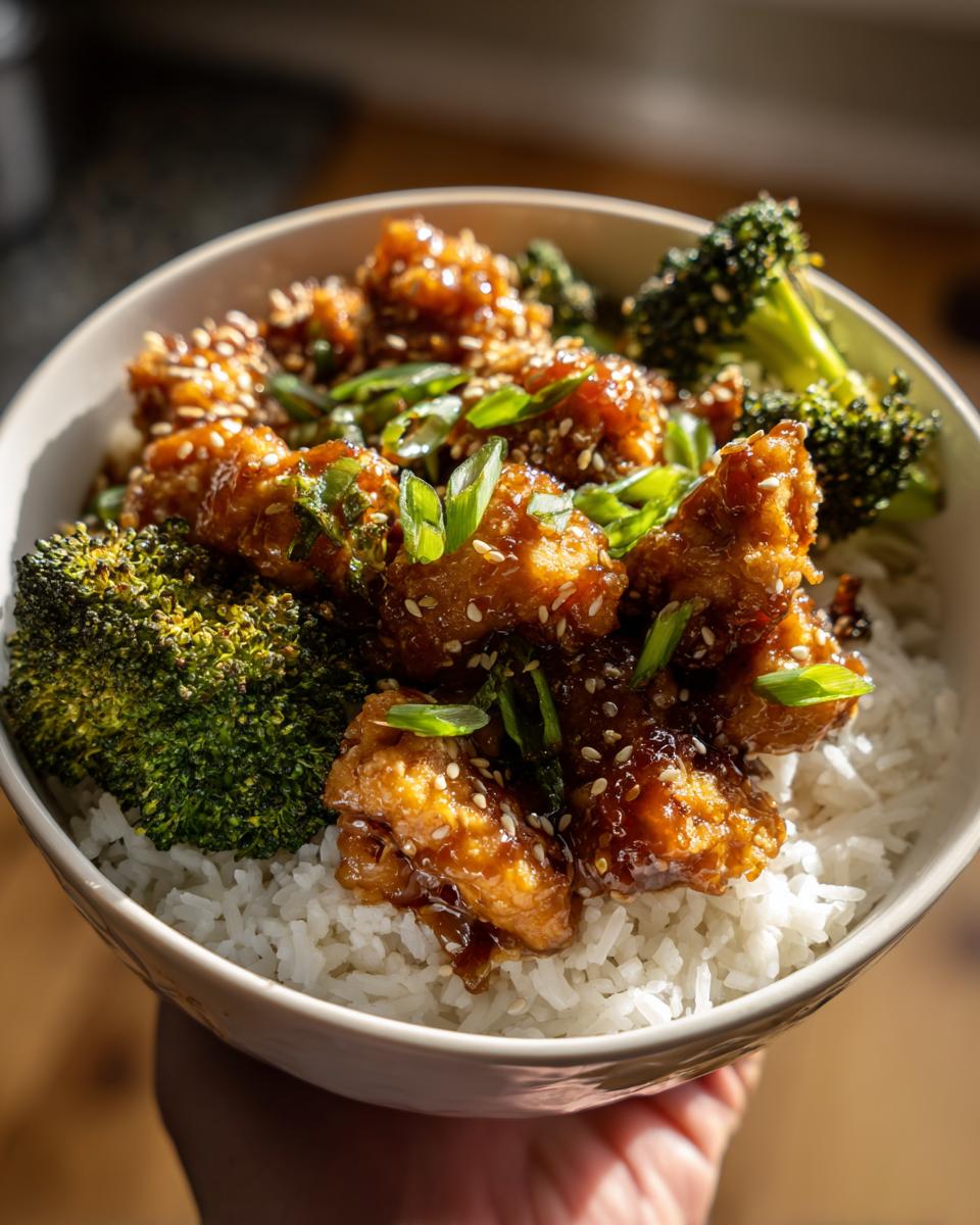 A close-up of a bowl filled with fluffy white rice, topped with crispy Honey Garlic Chicken and Broccoli florets, garnished with sesame seeds and green onions.