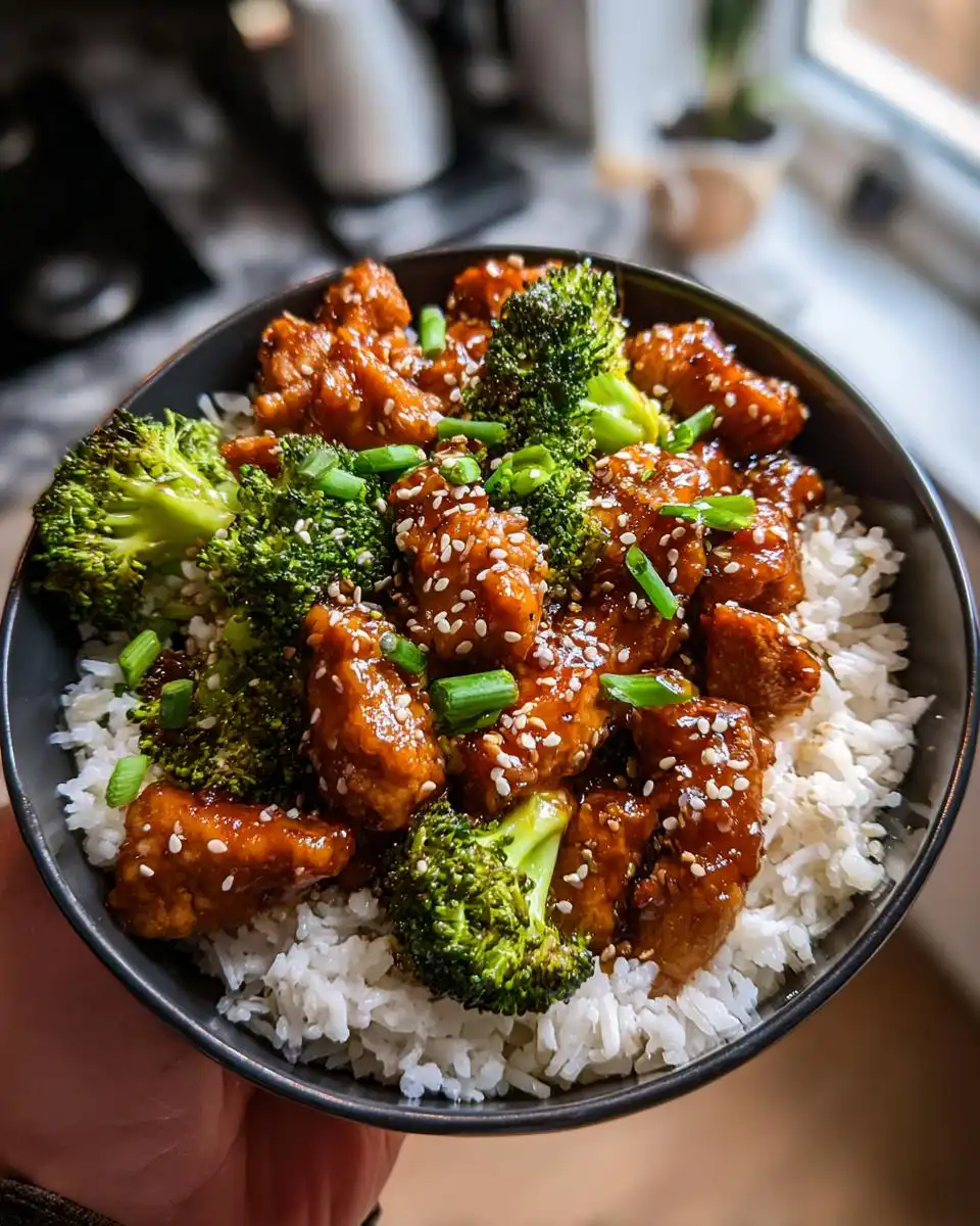 A close-up of a bowl of Honey Garlic Chicken and Broccoli served over white rice, garnished with sesame seeds and green onions.