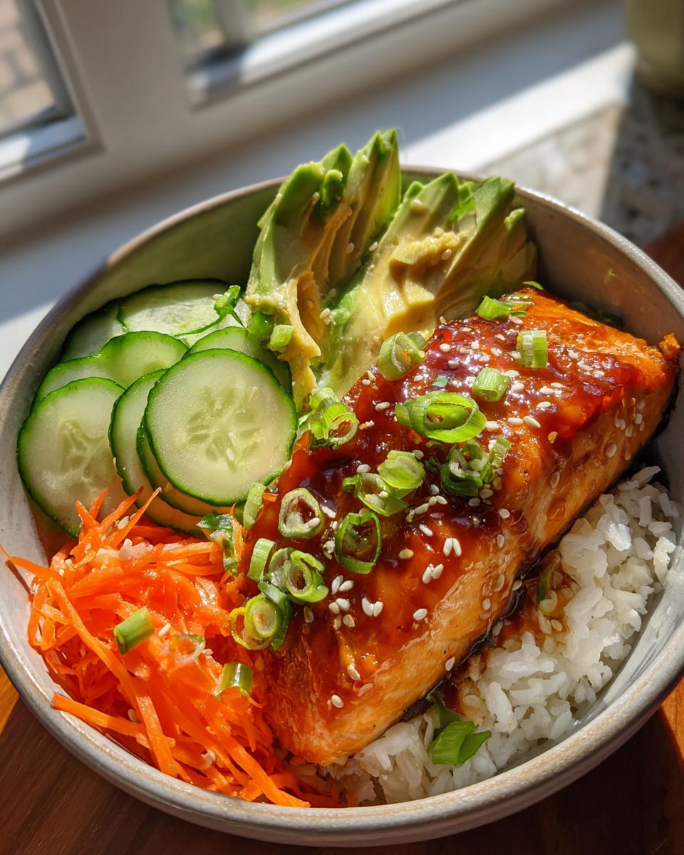 A delicious Honey Glazed Salmon Rice Bowl featuring a perfectly cooked salmon fillet, fluffy white rice, sliced avocado, shredded carrots, and cucumber.