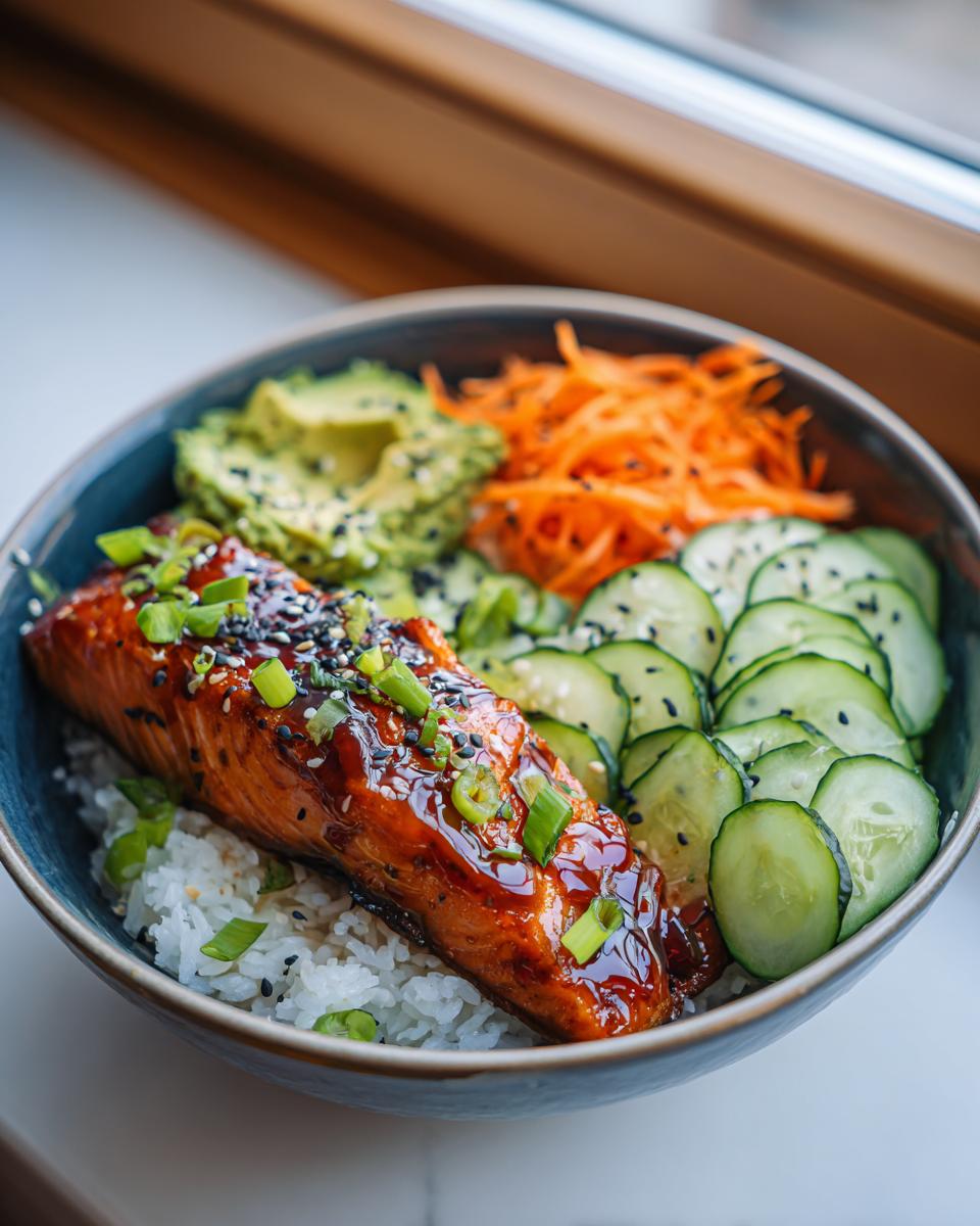 A delicious Honey Glazed Salmon Rice Bowl with rice, avocado, shredded carrots, and cucumber slices, topped with sesame seeds and green onions.