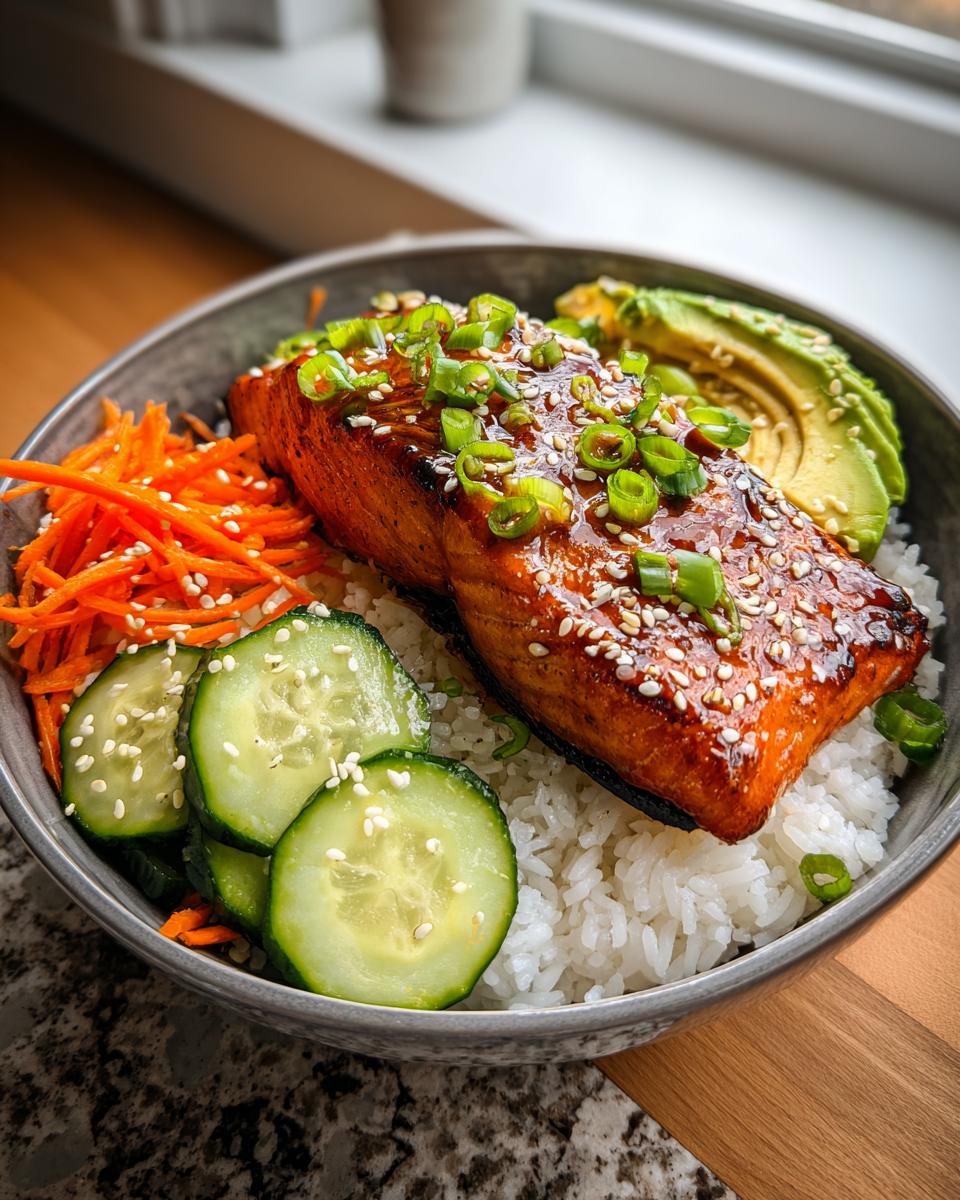 A close-up of a Honey Glazed Salmon Rice Bowl with perfectly cooked salmon, white rice, sliced avocado, cucumber, and shredded carrots.