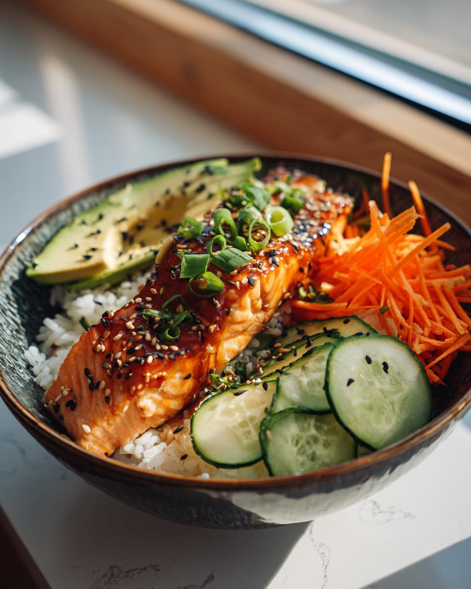 A delicious Honey Glazed Salmon Rice Bowl featuring a fillet of salmon, rice, sliced avocado, cucumber, and shredded carrots, topped with sesame seeds and scallions.