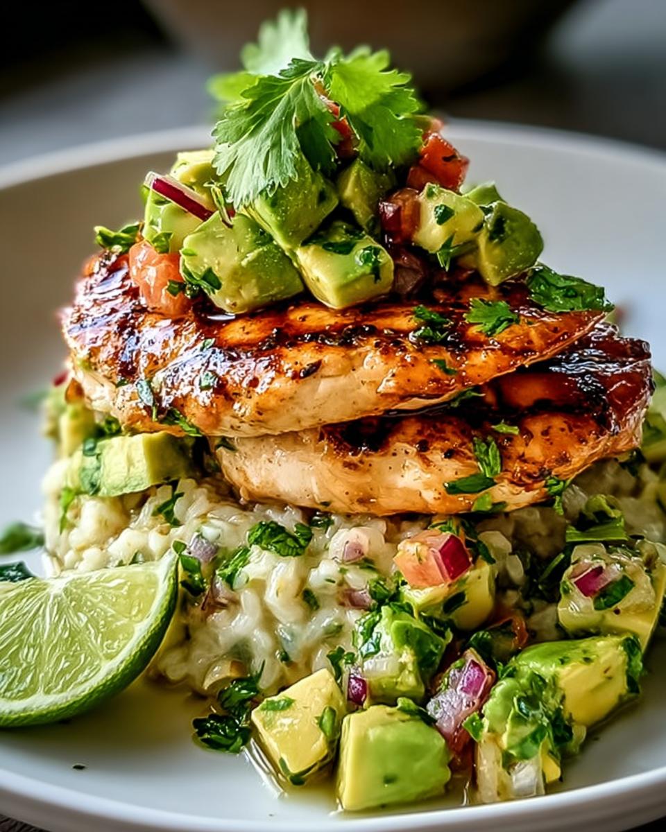 A delicious serving of Honey Lime Chicken with Avocado, featuring grilled chicken breasts over rice with a fresh avocado salsa and lime wedges.