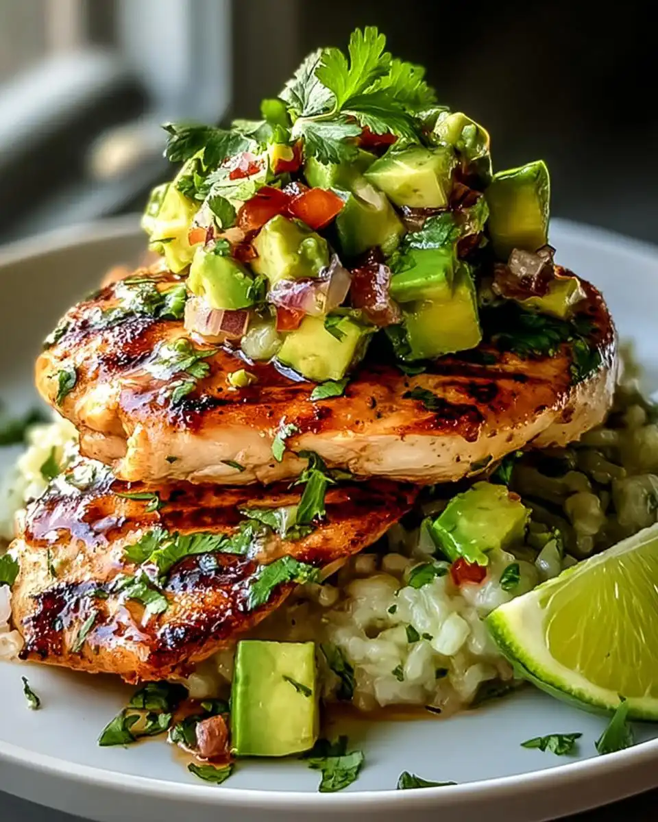 Grilled Honey Lime Chicken topped with fresh avocado salsa and served over rice, garnished with cilantro and lime.