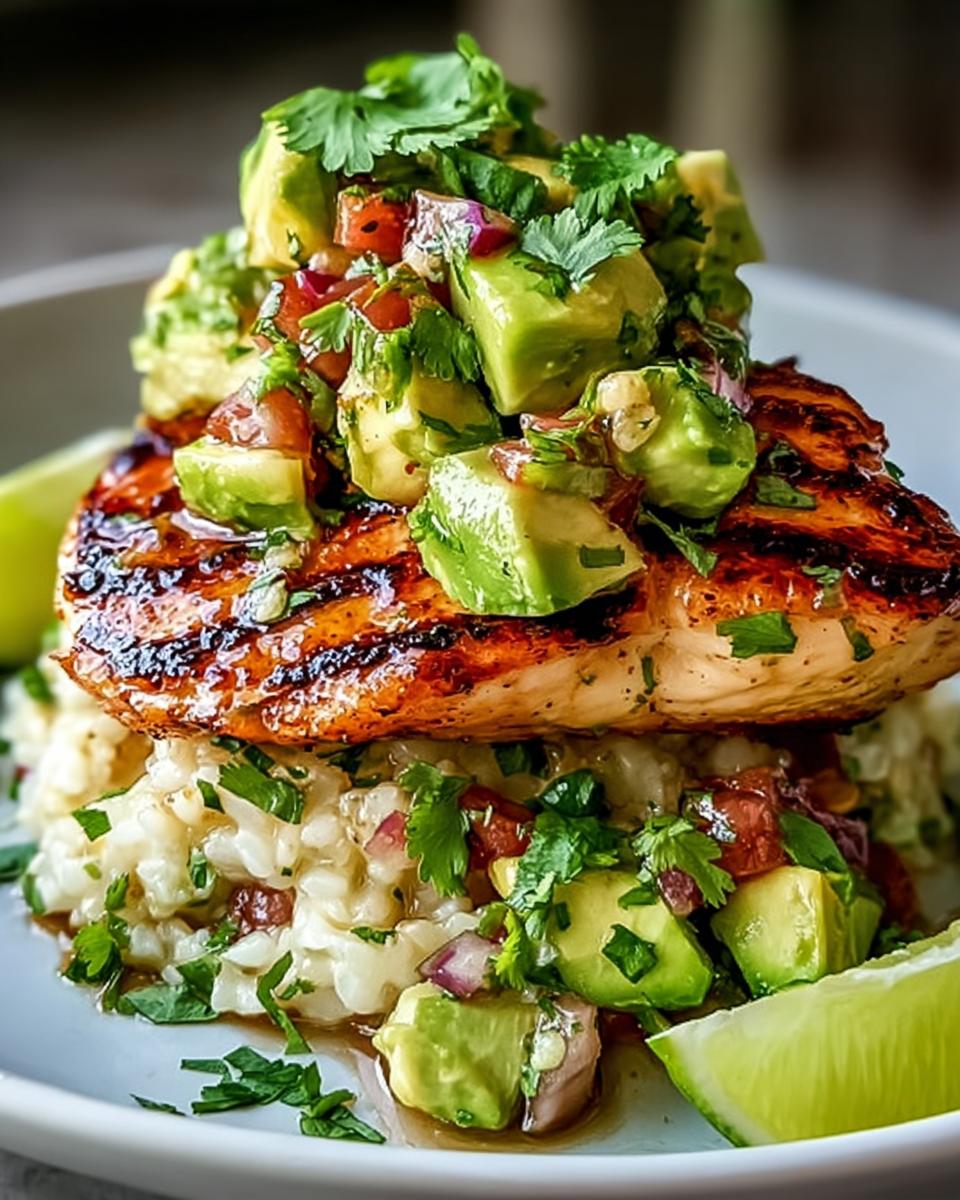 A delicious serving of Honey Lime Chicken with Avocado, featuring grilled chicken breast topped with fresh avocado salsa and served over rice.