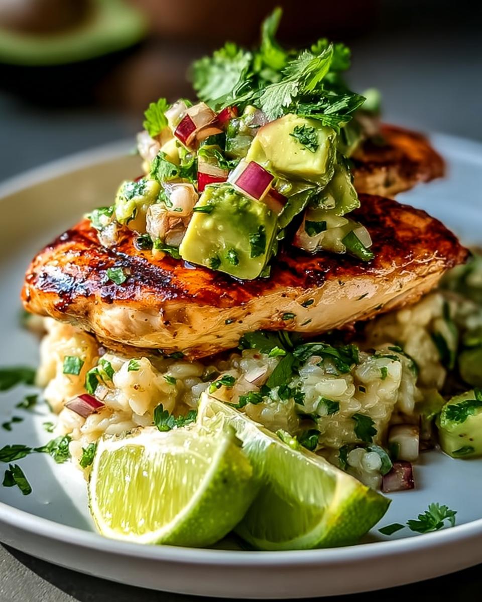A close-up of Honey Lime Chicken with Avocado, served over rice with lime wedges and cilantro.