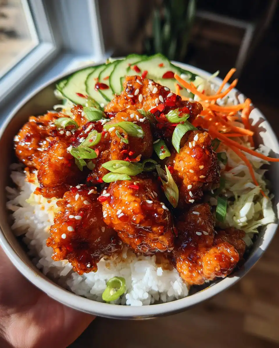 A close-up of a bowl filled with white rice, topped with glazed hot honey chicken, shredded carrots, cabbage, and cucumber slices. Garnished with sesame seeds and green onions.