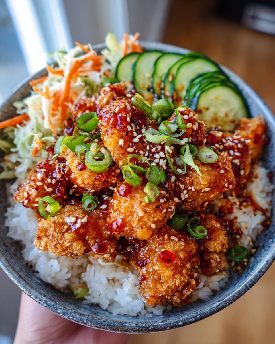 A close-up of Hot Honey Chicken Bowls featuring crispy fried chicken pieces coated in a glossy sauce, served over rice with fresh cucumber slices and slaw.