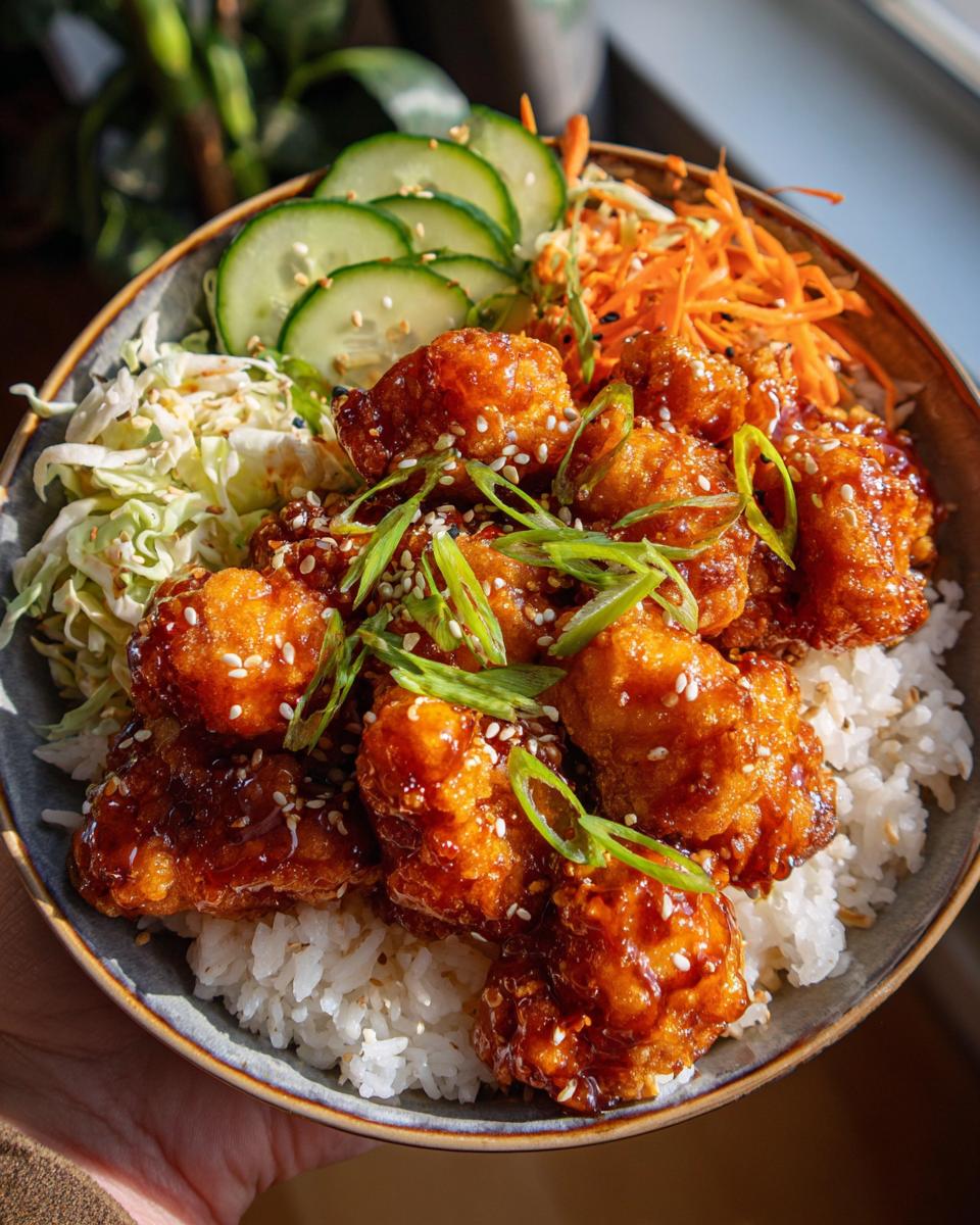 A close-up of delicious Hot Honey Chicken Bowls, featuring crispy chicken over rice with shredded carrots, cabbage, and cucumber slices.