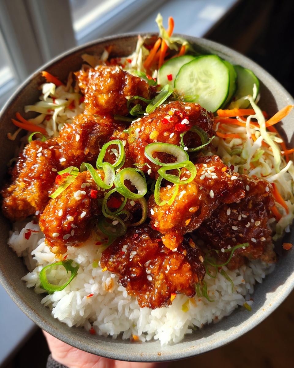 A close-up of delicious Hot Honey Chicken Bowls, featuring crispy chicken pieces over rice with shredded vegetables and cucumber.