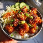Close-up of delicious Hot Honey Chicken Dinner Bowls, featuring crispy chicken, rice, shredded vegetables, and cucumber slices.