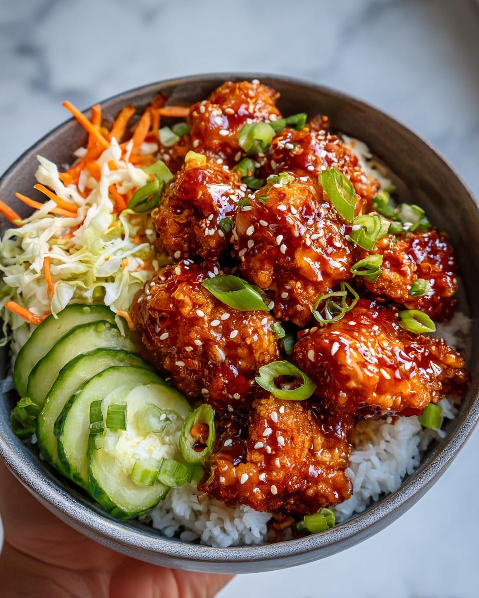 A close-up of a bowl filled with white rice, topped with glazed chicken pieces, shredded carrots, cabbage, sliced cucumbers, and green onions.
