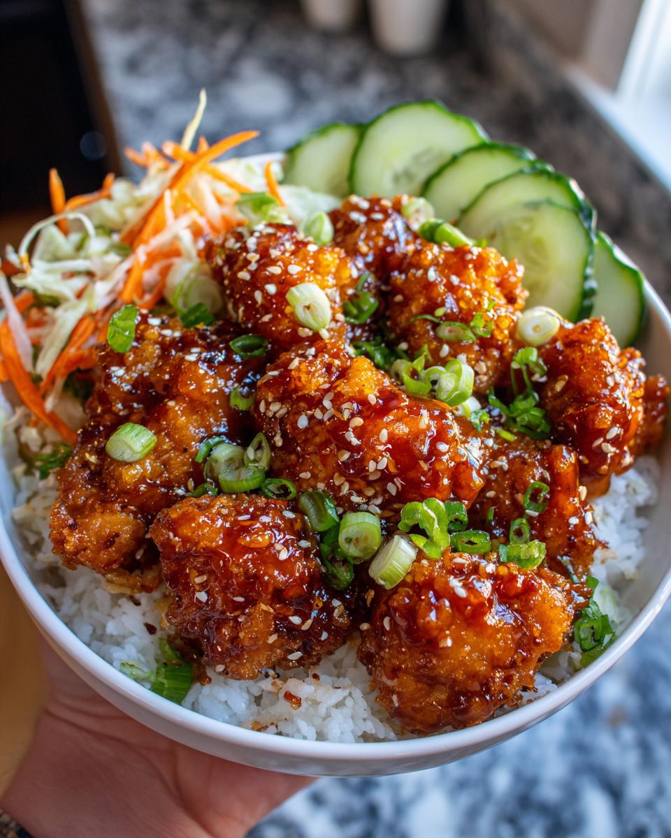 A close-up of Hot Honey Chicken Dinner Bowls, featuring crispy chicken pieces glazed with sauce, topped with sesame seeds and green onions, served over rice with cucumber and slaw.