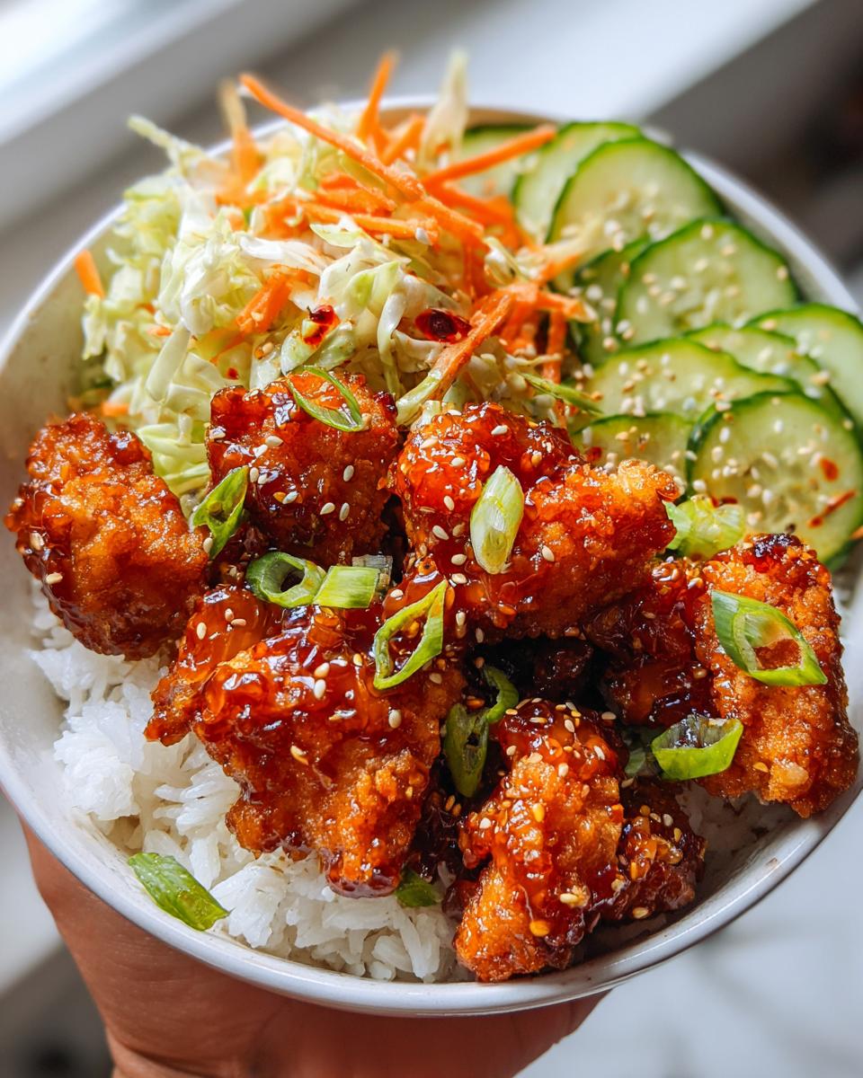 A close-up of a Hot Honey Chicken Dinner Bowl with crispy chicken, rice, shredded carrots, cabbage, and cucumber slices.