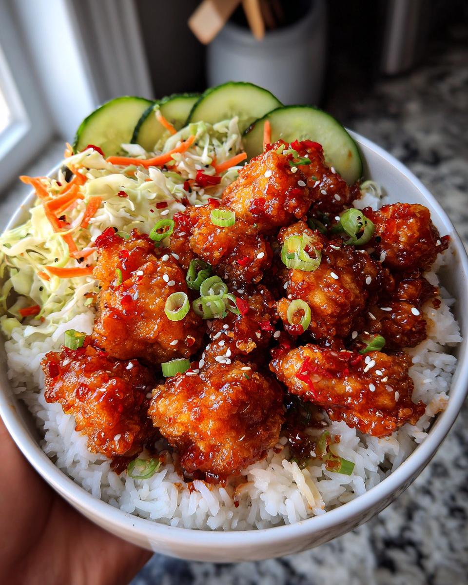 A bowl of Hot Honey Chicken Dinner Bowls with white rice, topped with crispy chicken, sesame seeds, and scallions, served with a side of coleslaw and cucumber.