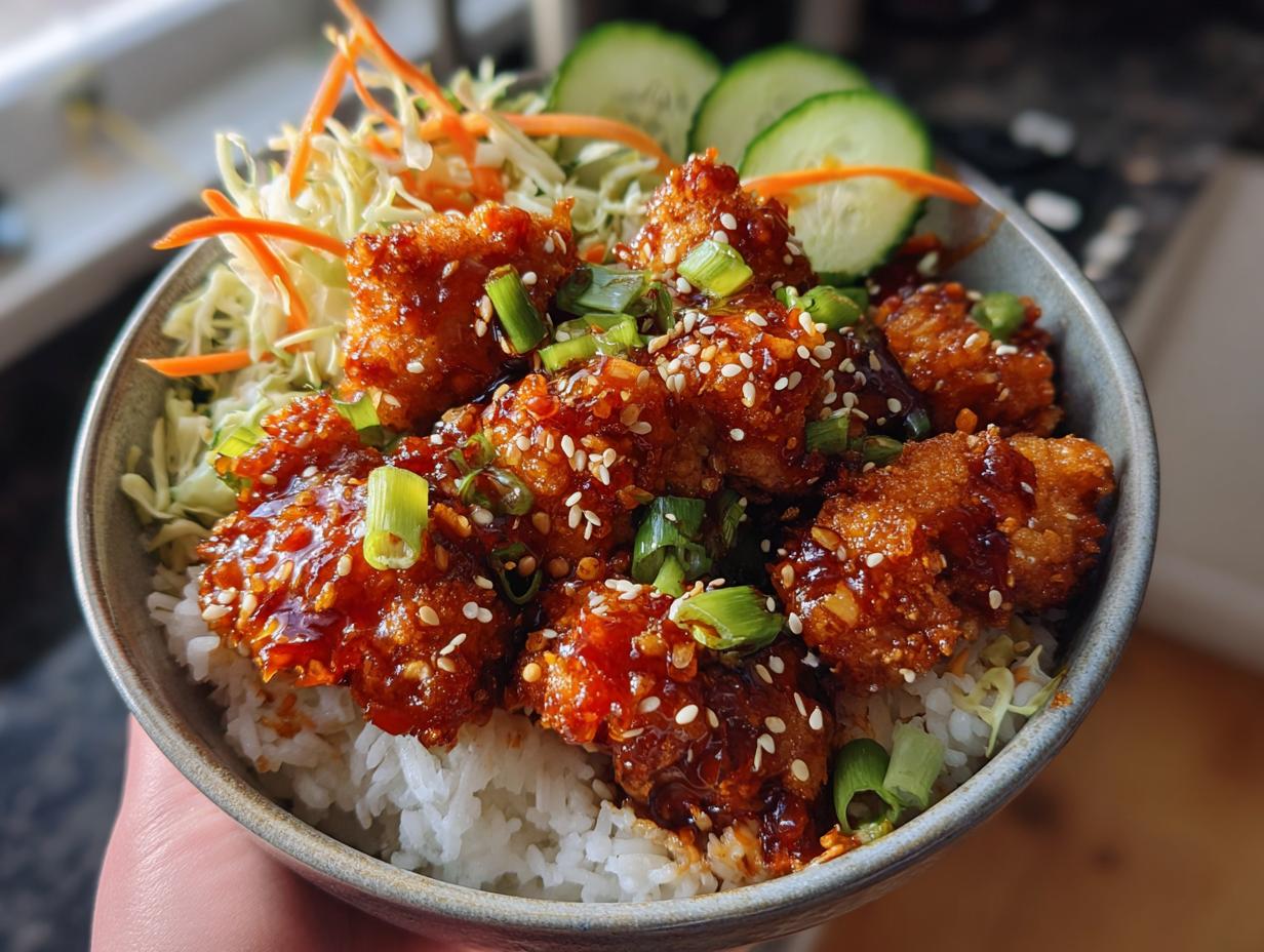 A close-up of Hot Honey Chicken Dinner Bowls featuring crispy chicken, rice, shredded vegetables, and sesame seeds.