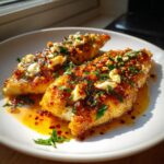 Three pieces of golden-brown chicken breast topped with a glistening hot honey glaze, crumbled feta cheese, and fresh parsley.