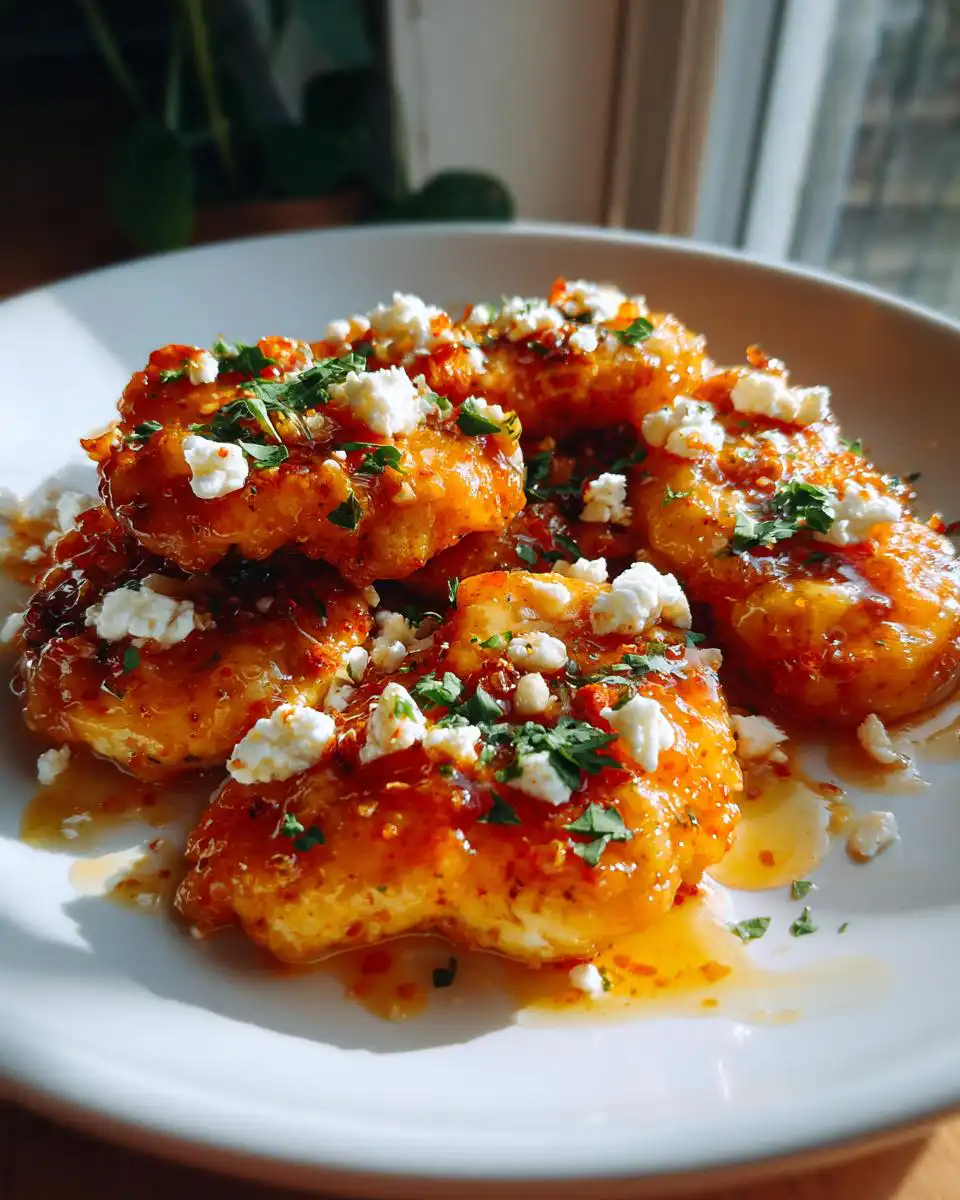 A plate of delicious Hot Honey Feta Chicken bites, drizzled with sauce and topped with feta cheese and parsley.