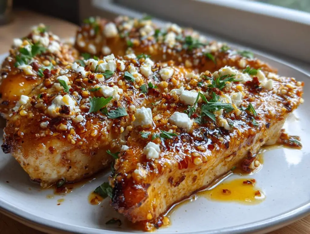 Close-up of juicy chicken breasts coated in a glossy hot honey glaze, topped with crumbled feta cheese and fresh parsley.