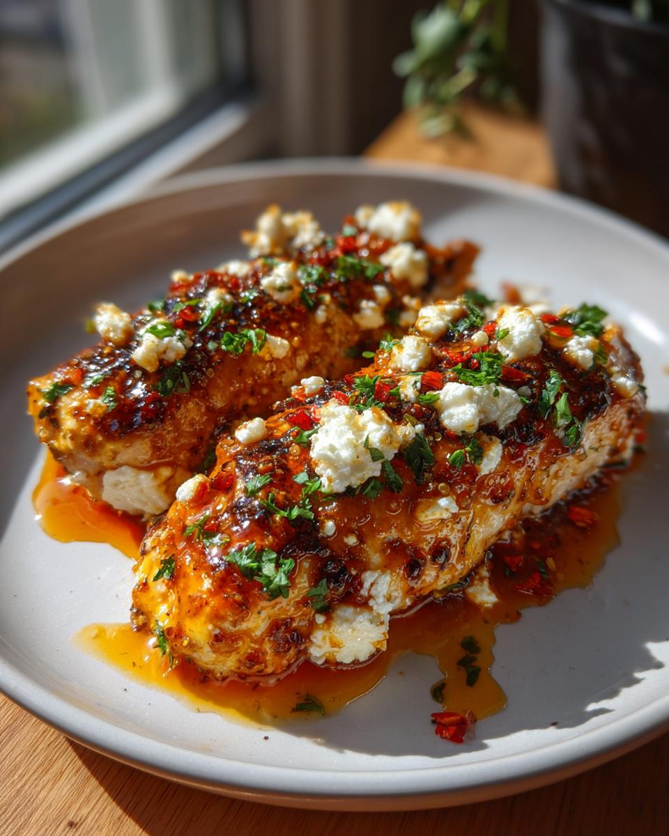 Close-up of Hot Honey Feta Chicken, glistening with sauce and topped with crumbled feta and parsley.