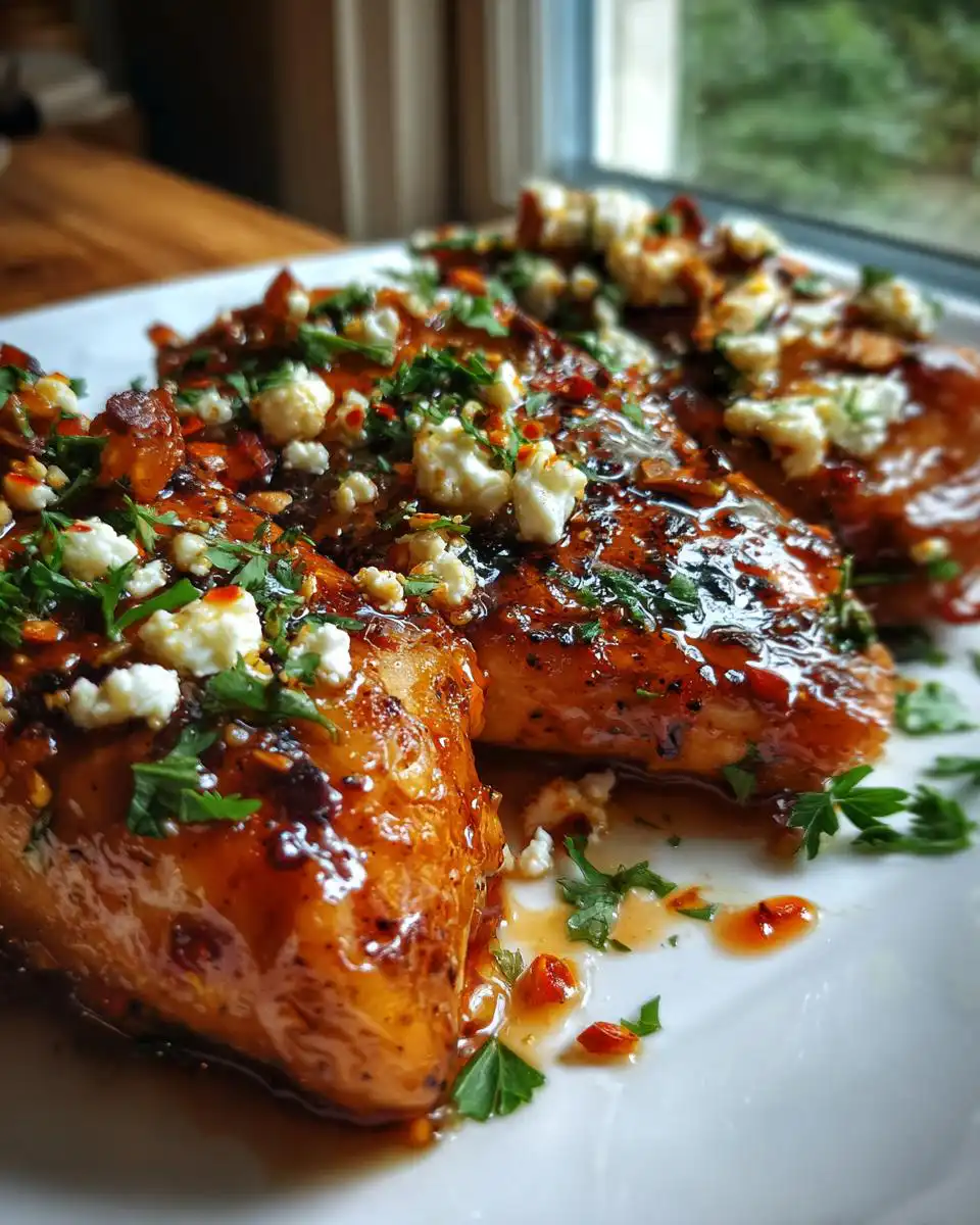 Close-up of glazed chicken pieces topped with crumbled feta cheese, fresh parsley, and chili flakes for the Hot Honey Feta Chicken Recipe.