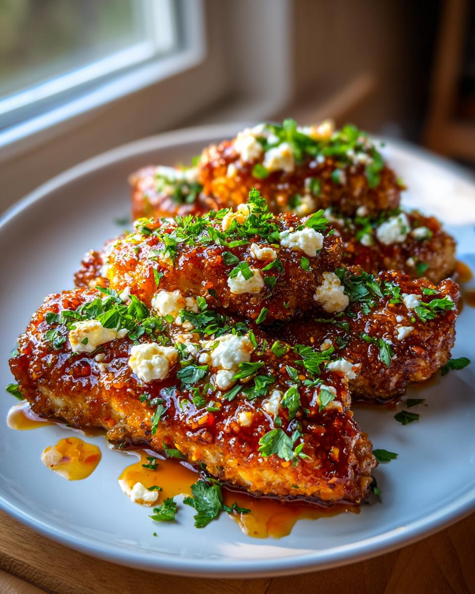 Close-up of Hot Honey Feta Chicken pieces, glazed and topped with crumbled feta cheese and fresh parsley.