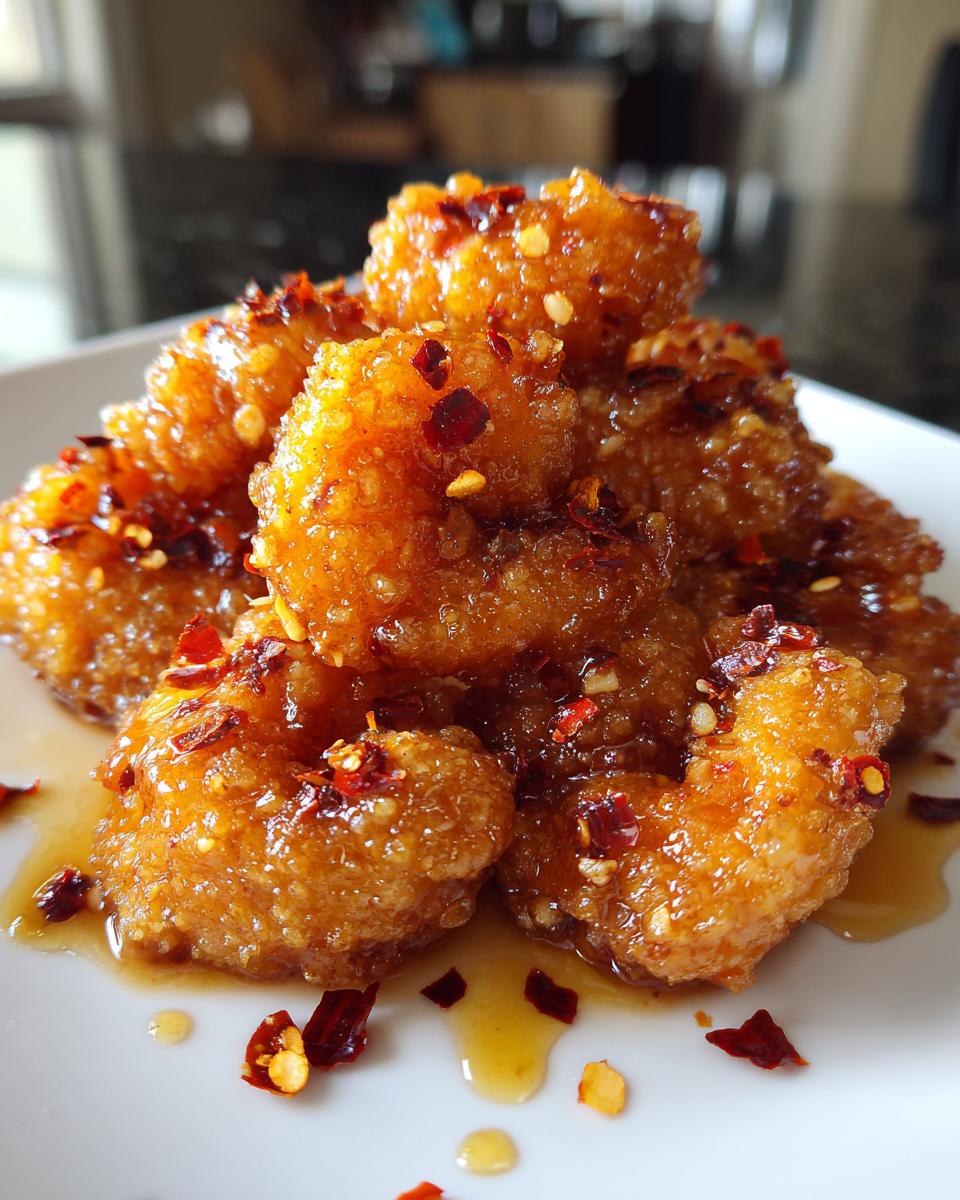 A close-up of delicious Hot Honey Fried Shrimp, coated in a glossy sauce and sprinkled with red chili flakes.