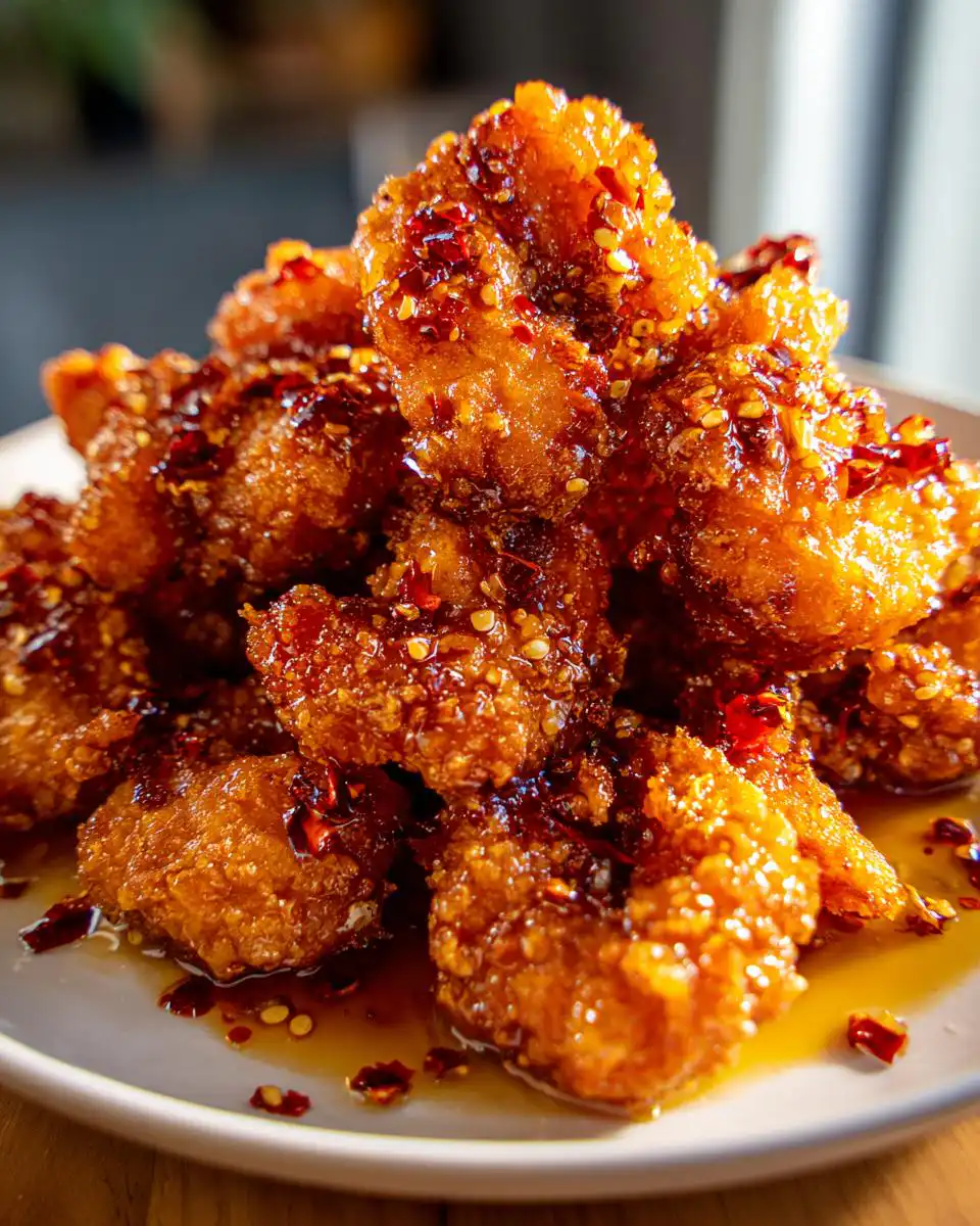 A close-up of a pile of crispy Hot Honey Fried Shrimp glazed with a sweet and spicy sauce and sprinkled with chili flakes.