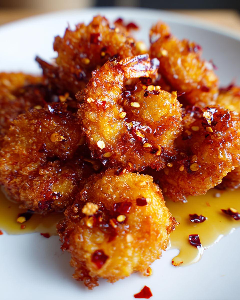 Close-up of crispy Hot Honey Fried Shrimp glazed with a sweet and spicy sauce and sprinkled with chili flakes.