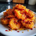 A close-up of a pile of golden-brown Hot Honey Fried Shrimp glistening with a sweet and spicy glaze and chili flakes.