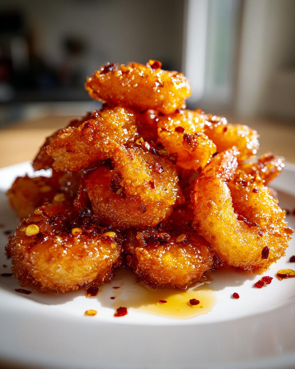 A close-up, glistening pile of golden Hot Honey Fried Shrimp, sprinkled with red pepper flakes.