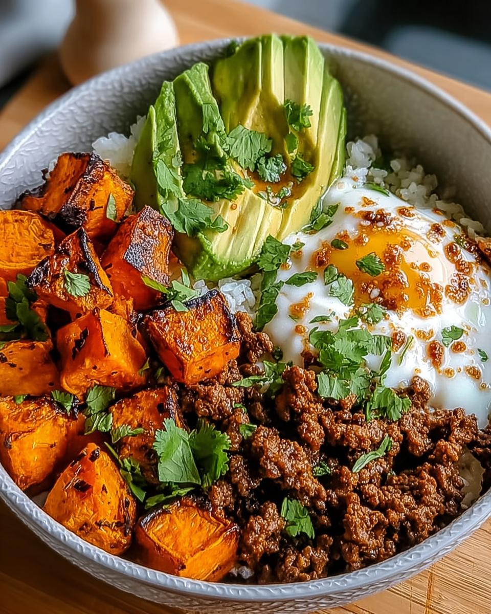 A vibrant Hot Honey Ground Beef Bowl featuring seasoned ground beef, roasted sweet potatoes, sliced avocado, and a sunny-side-up egg.