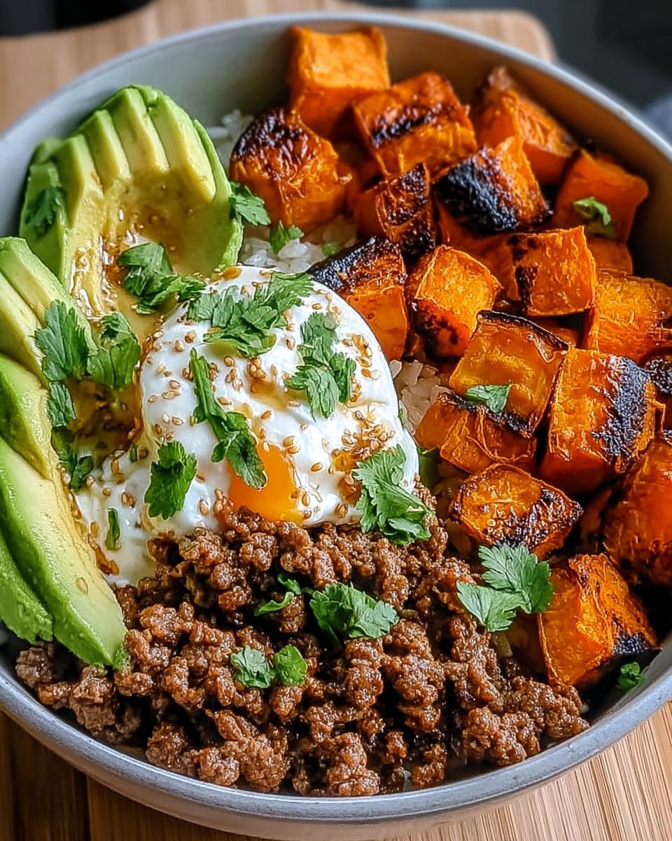 A delicious Hot Honey Ground Beef Bowl with rice, topped with a fried egg, avocado slices, roasted sweet potato cubes, and cilantro.