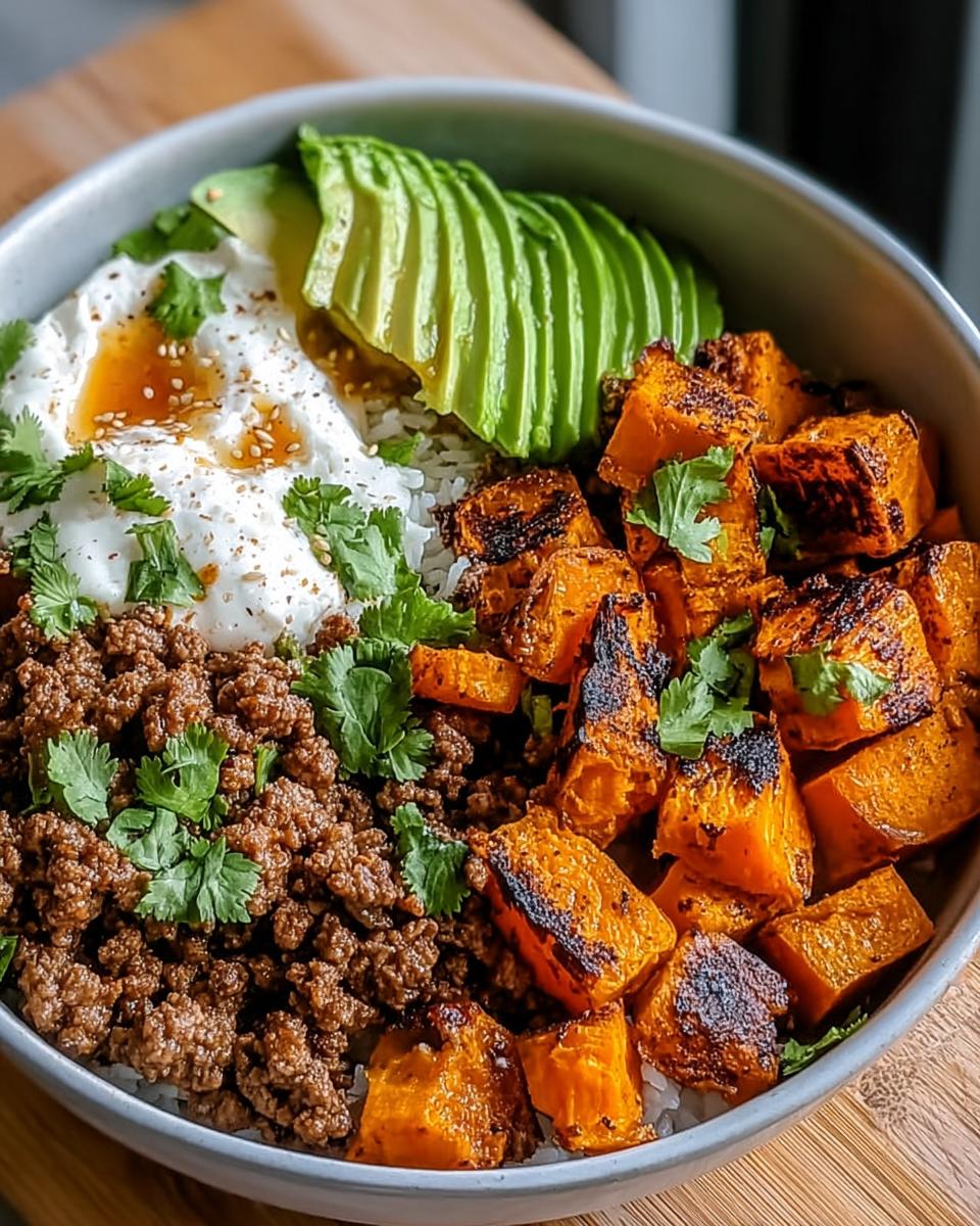 A delicious Hot Honey Ground Beef Bowl featuring seasoned ground beef, roasted sweet potatoes, sliced avocado, and a fried egg.