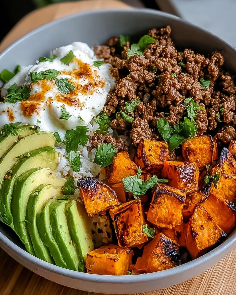 A delicious Hot Honey Ground Beef Bowl filled with seasoned ground beef, rice, sliced avocado, roasted sweet potato cubes, and a dollop of yogurt.