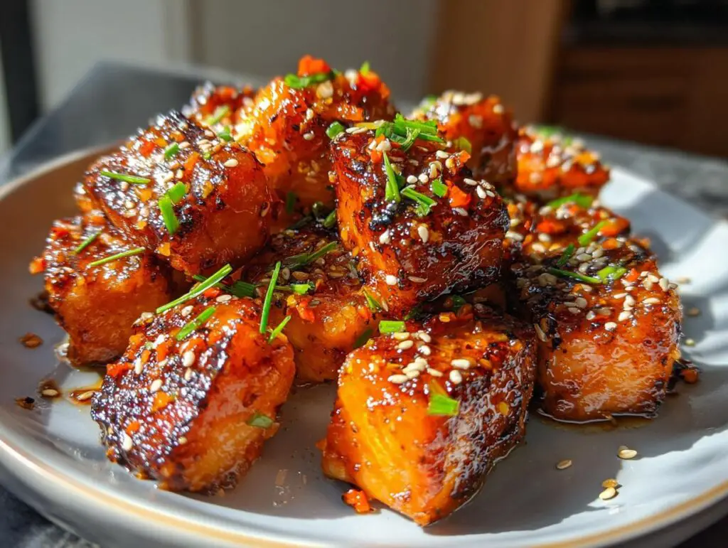 Close-up of glistening Hot Honey Salmon Bites, coated in a sweet and spicy glaze, sprinkled with sesame seeds and chives.