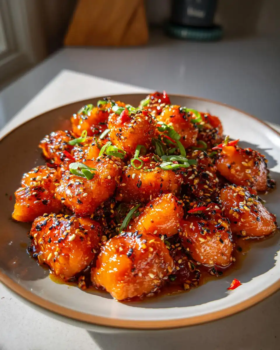 A close-up of glistening Hot Honey Salmon Bites coated in a sweet and spicy glaze, sprinkled with sesame seeds and scallions.