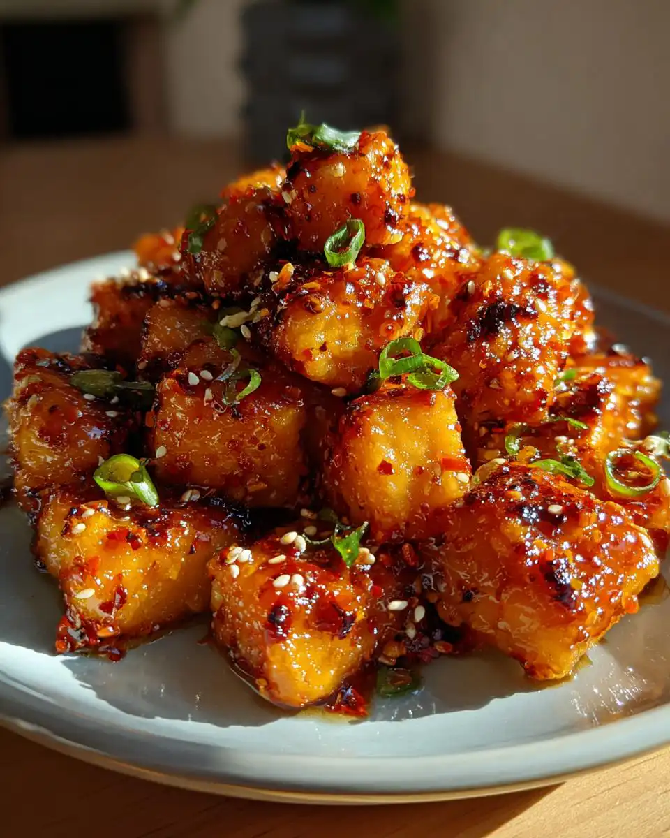 A plate piled high with glistening Hot Honey Salmon Bites, garnished with sesame seeds and green onions.